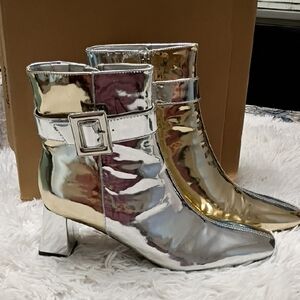 New Masseys Shiny Metallic Silver and Gold Ankle Boots with Buckle & Block Heels